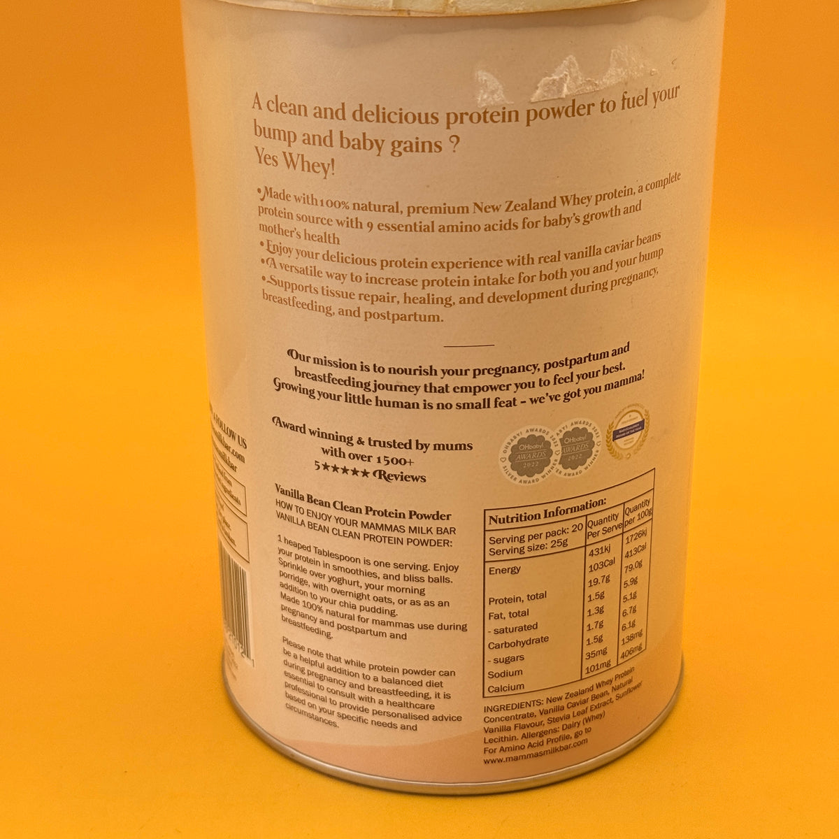 Mammas Milk Bar Vanilla Bean Clean Protein