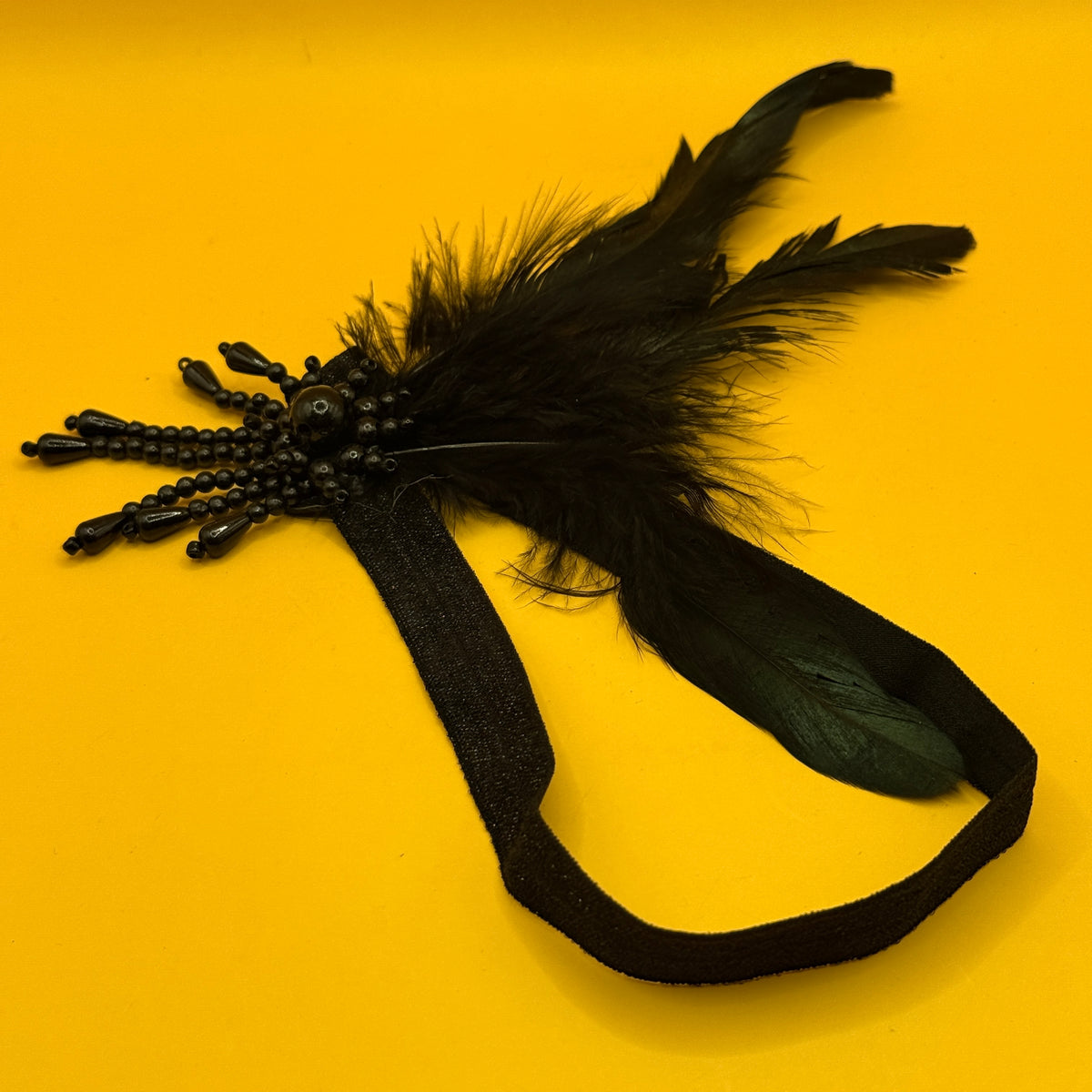 Black Feather and Beaded Flapper Headband