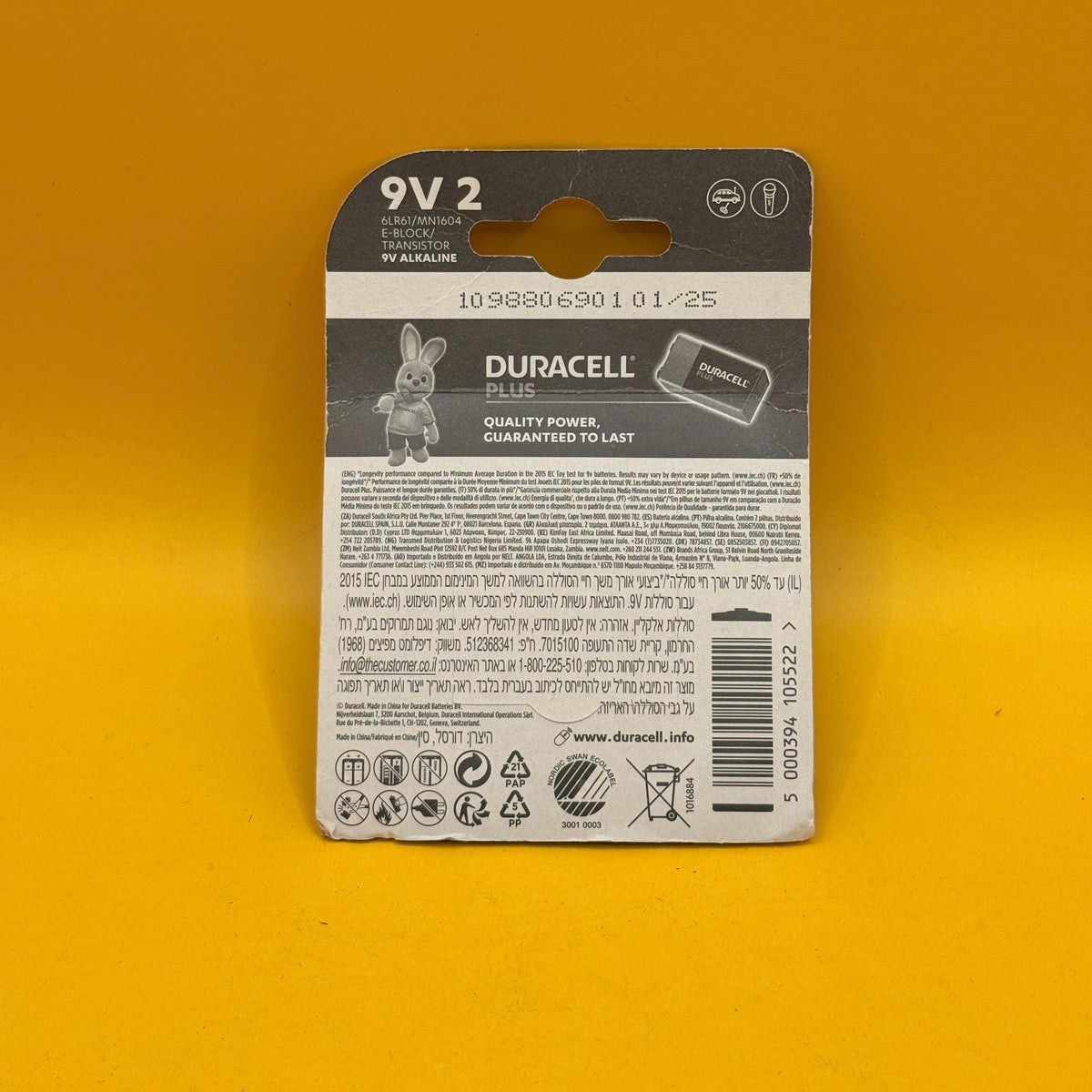 Duracell Plus 9V Alkaline Batteries 2 Pack