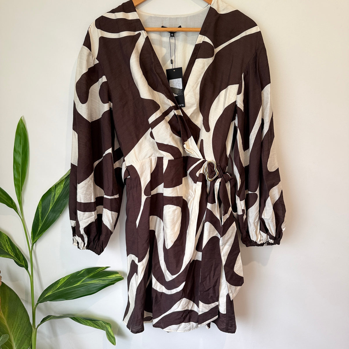 Portmans Abstract Wrap Dress Brown Ivory Size 16