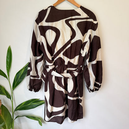 Portmans Abstract Wrap Dress Brown Ivory Size 16