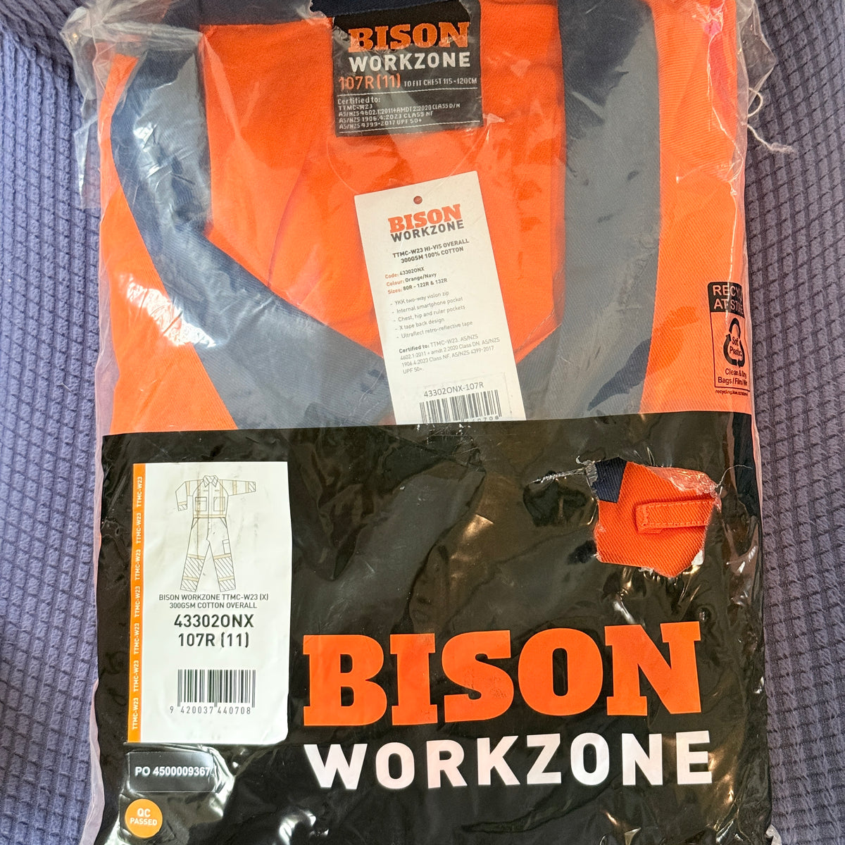 Bison Workzone Hi-Vis Cotton Overall Orange Navy Size 107R