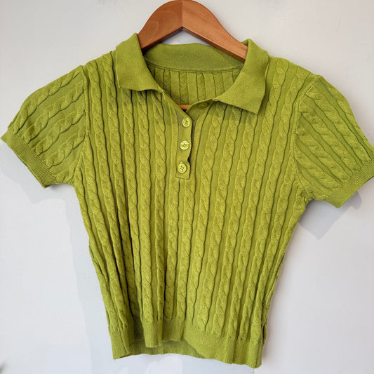 Astonishing Power Lime Green Cable Knit Polo Top Size S (XS Fit)