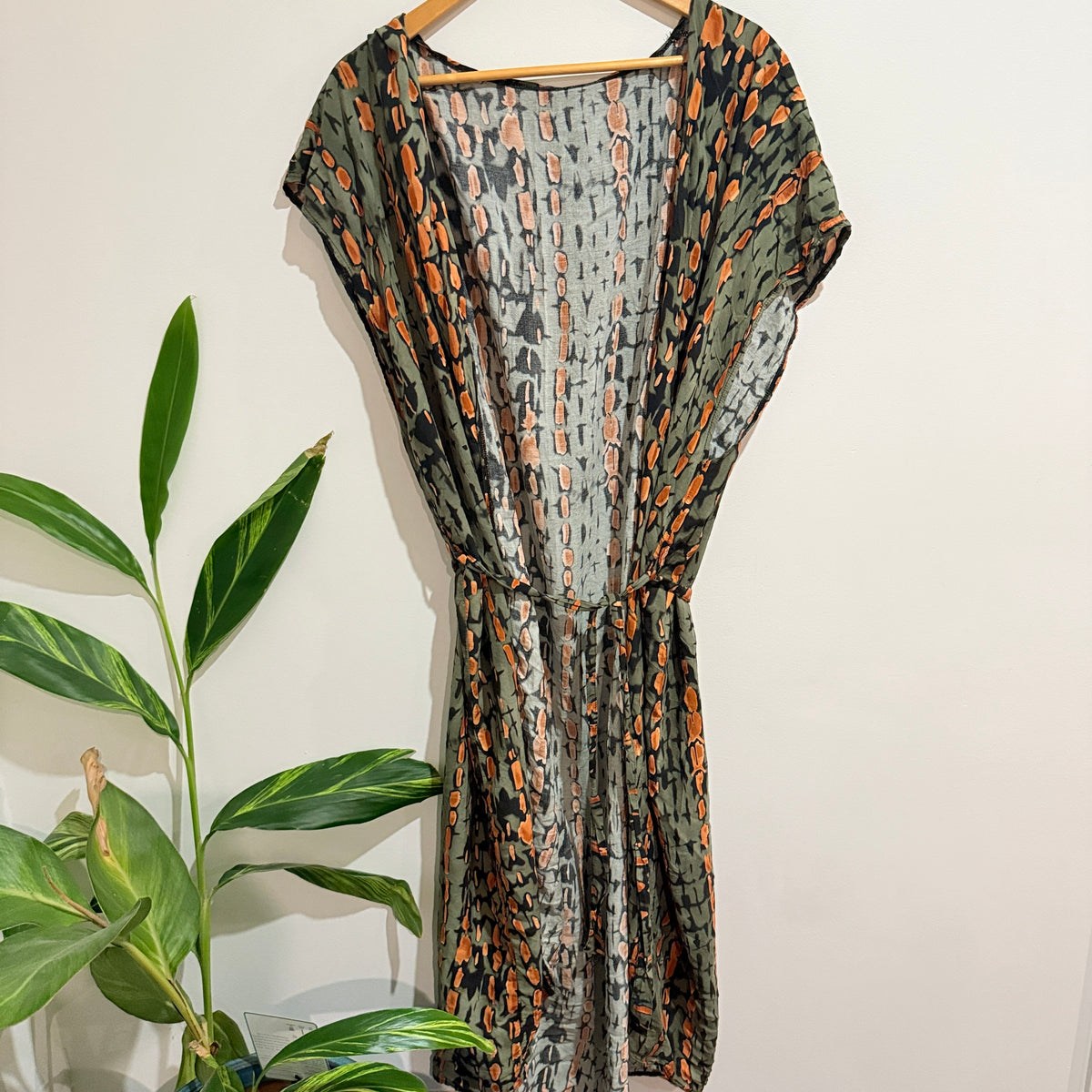 Green Abstract Print Tie Waist Kimono One Size