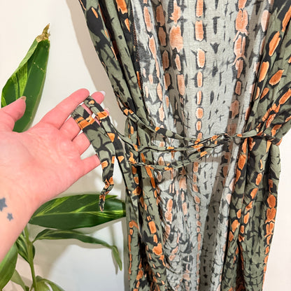 Green Abstract Print Tie Waist Kimono One Size