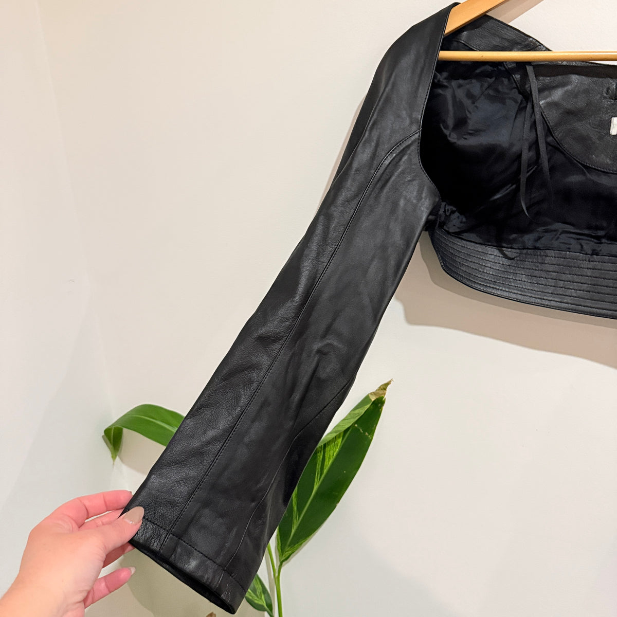 Black Leather Look Cropped Shrug Jacket - 48cm u/arm
