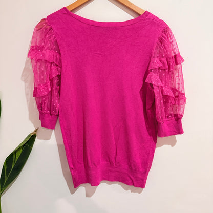 Decjuba Pink Knit Top with Ruffle Mesh Sleeves Size M