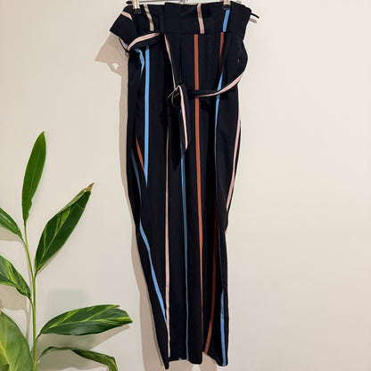 Miss Selfridge Navy Stripe Tie Waist Trousers Size 12