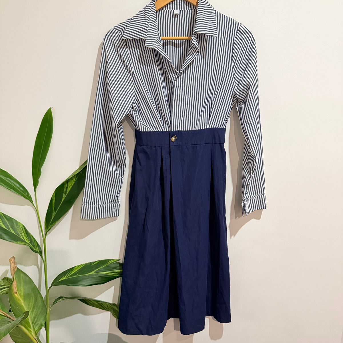 Navy and White Stripe Shirt Dress - 64cm waist - XS