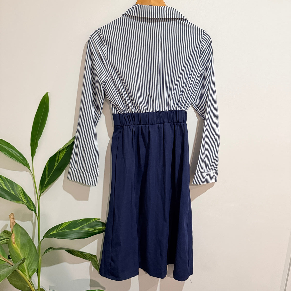 Navy and White Stripe Shirt Dress - 64cm waist - XS