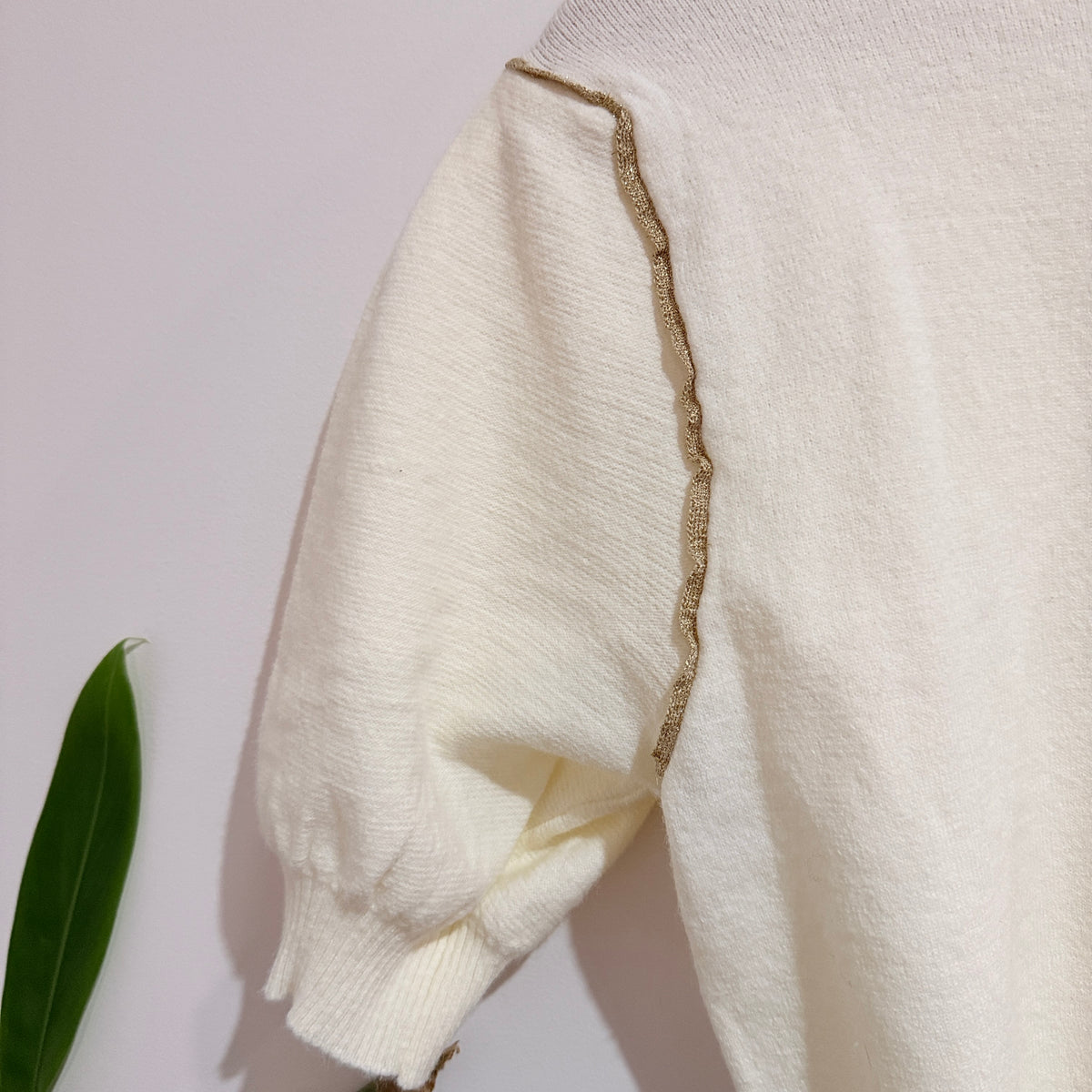 Cream Puff Sleeve Knit Top with Gold Trim - 47cm u/arm