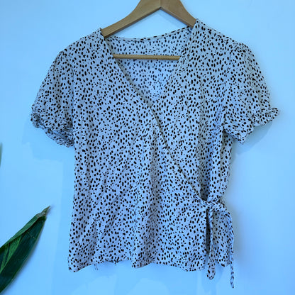 Cream and Black Spot Print Wrap Tie Blouse - 43cm u/arm