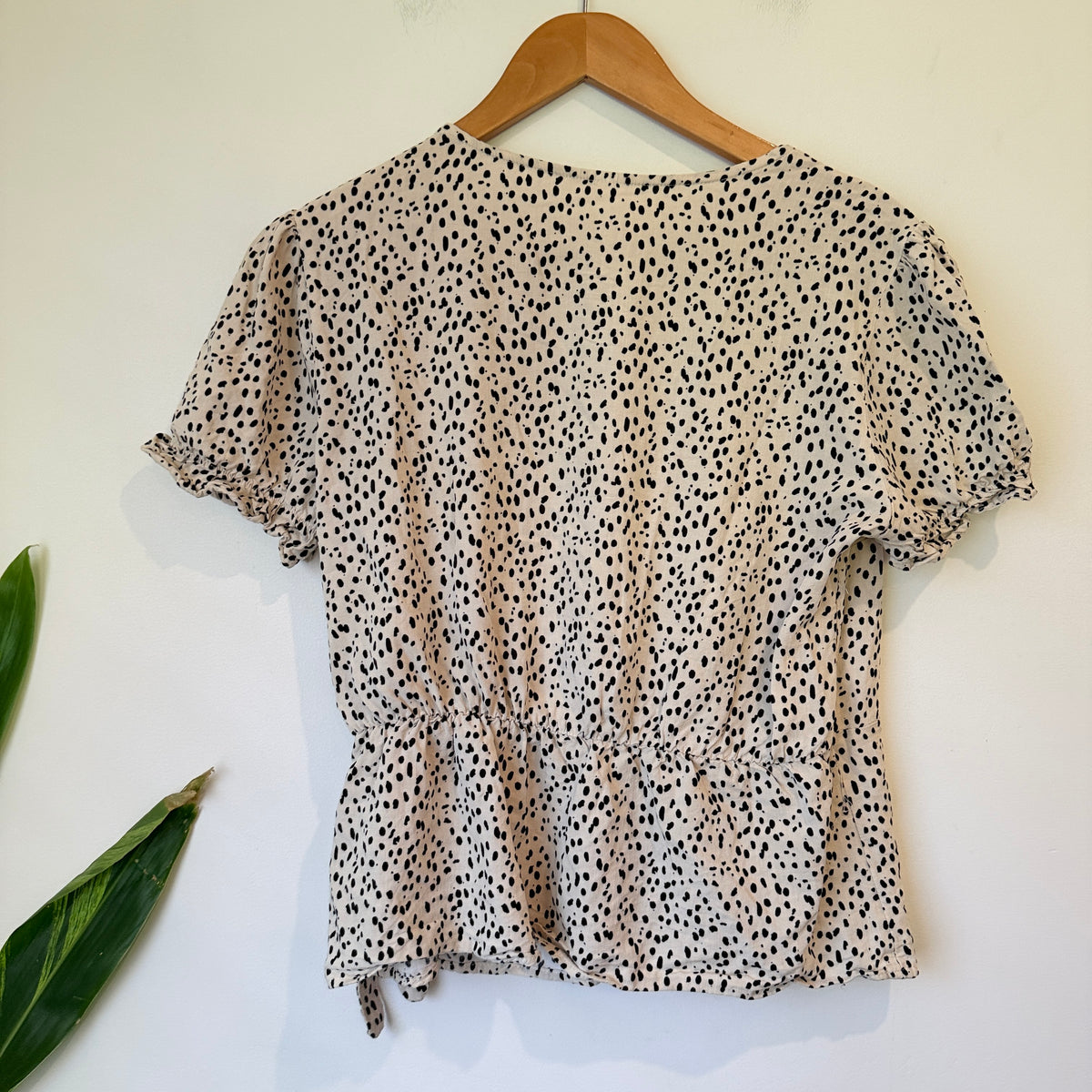 Cream and Black Spot Print Wrap Tie Blouse - 43cm u/arm