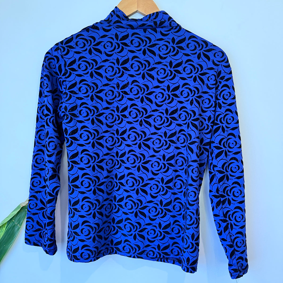 Blue and Black Rose Print High Neck Long Sleeve Top - 44cm u/arm