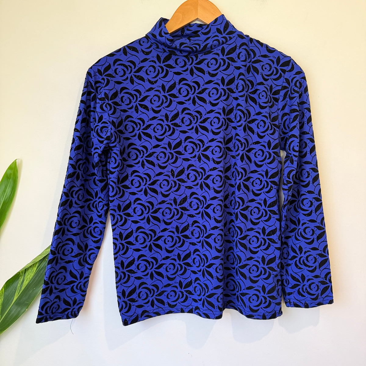 Blue and Black Rose Print High Neck Long Sleeve Top - 44cm u/arm