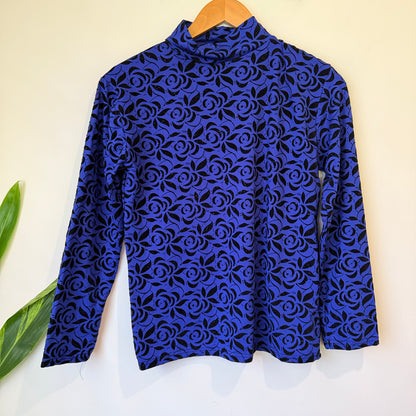 Blue and Black Rose Print High Neck Long Sleeve Top - 44cm u/arm