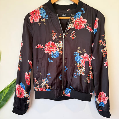 Dotti Black Floral Satin Bomber Jacket Size 8