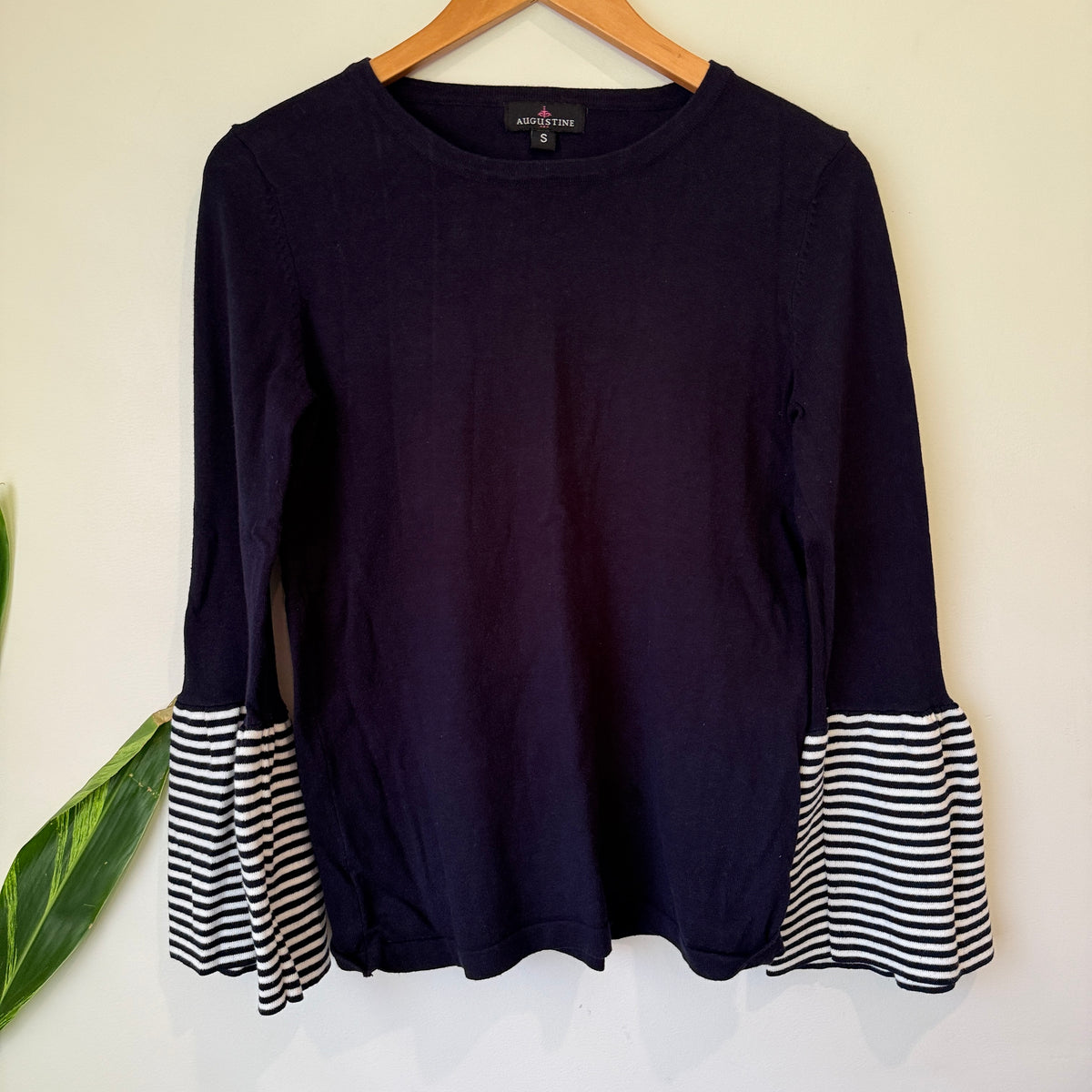 Augustine Navy Striped Bell Sleeve Knit Top Size S