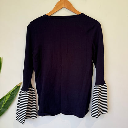 Augustine Navy Striped Bell Sleeve Knit Top Size S