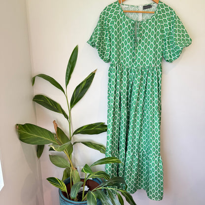 Mirrou Green Print Tiered Midi Dress Size 8