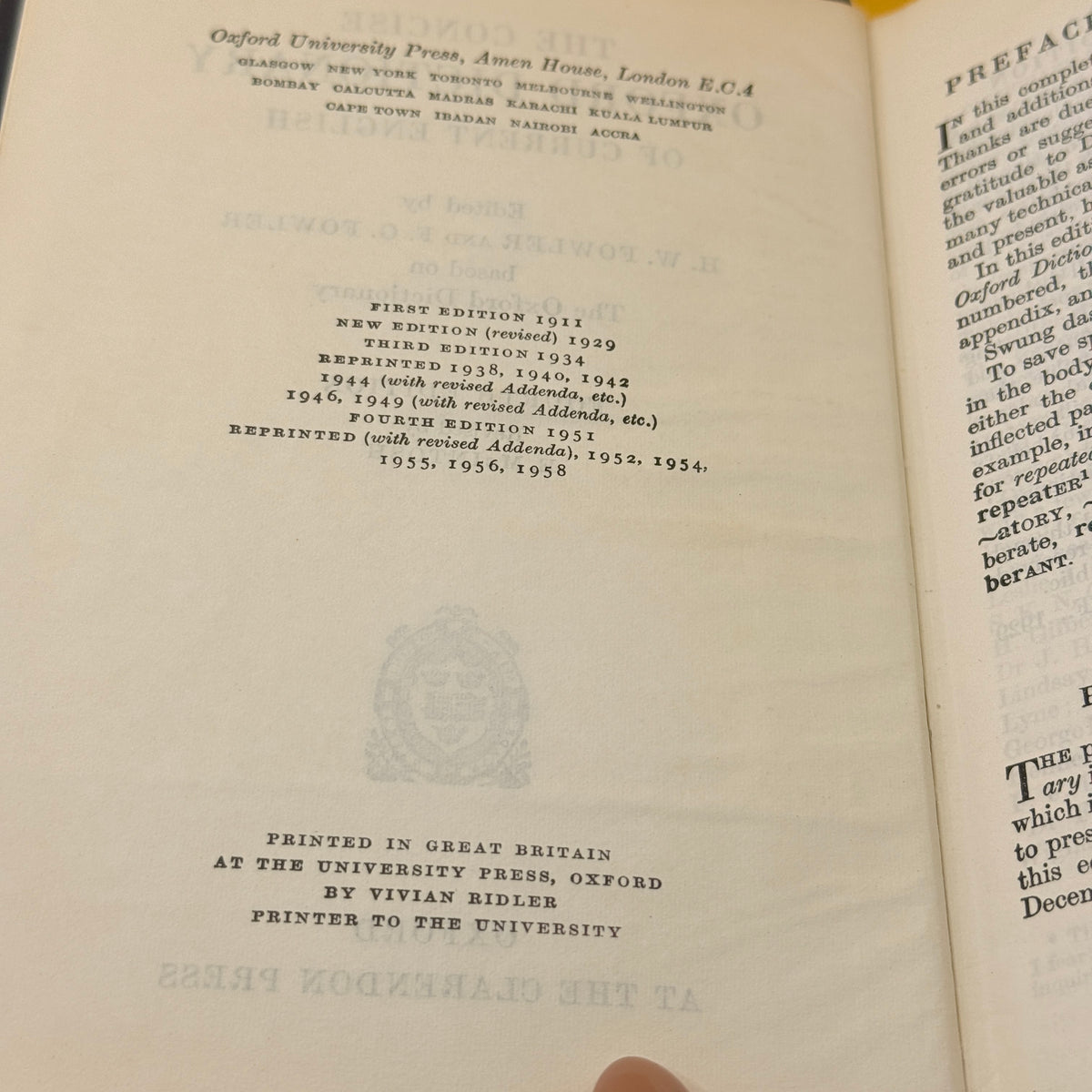 The Concise Oxford Dictionary of Current English, Fourth Edition by H. W. Fowler and F. G. Fowler 1958