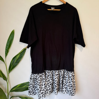 ASOS Black Leopard Ruffle Hem T Shirt Dress Size 14