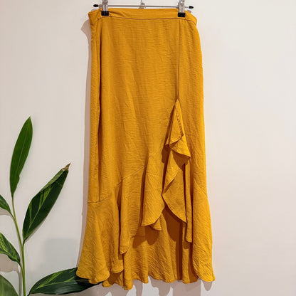 Spirit Mustard Ruffle Faux Wrap Midi Skirt Size 10