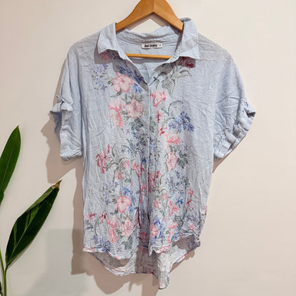Just Jeans Blue Floral Linen Blend Short Sleeve Shirt Size 14