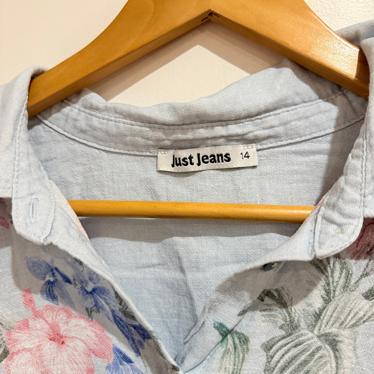 Just Jeans Blue Floral Linen Blend Short Sleeve Shirt Size 14