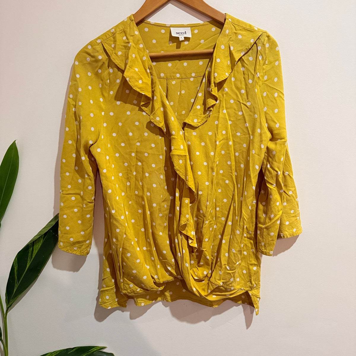 Seed Heritage Mustard Polka Dot Ruffle Front Blouse Size 8
