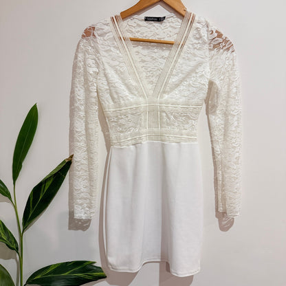 boohoo White Lace Long Sleeve Mini Dress Size 10