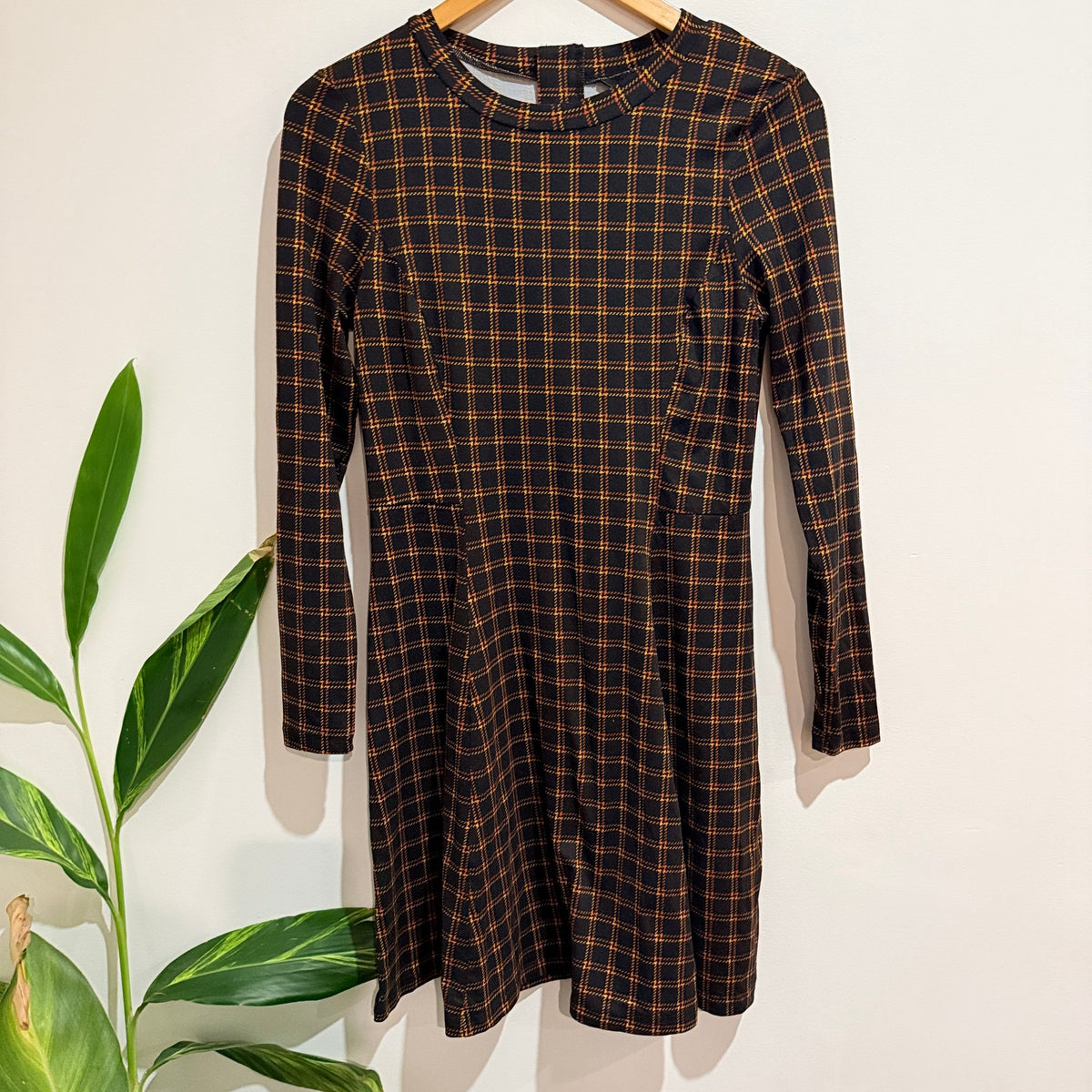 New Look Black & Orange Check Long Sleeve Mini Dress Size 10