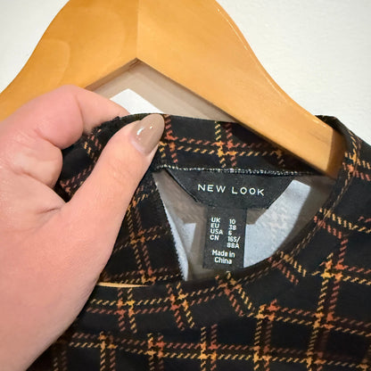 New Look Black & Orange Check Long Sleeve Mini Dress Size 10