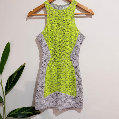 Shakuhachi Lime Green & Grey Lace Sleeveless Mini Dress | U/Arm to U/Arm 38cm