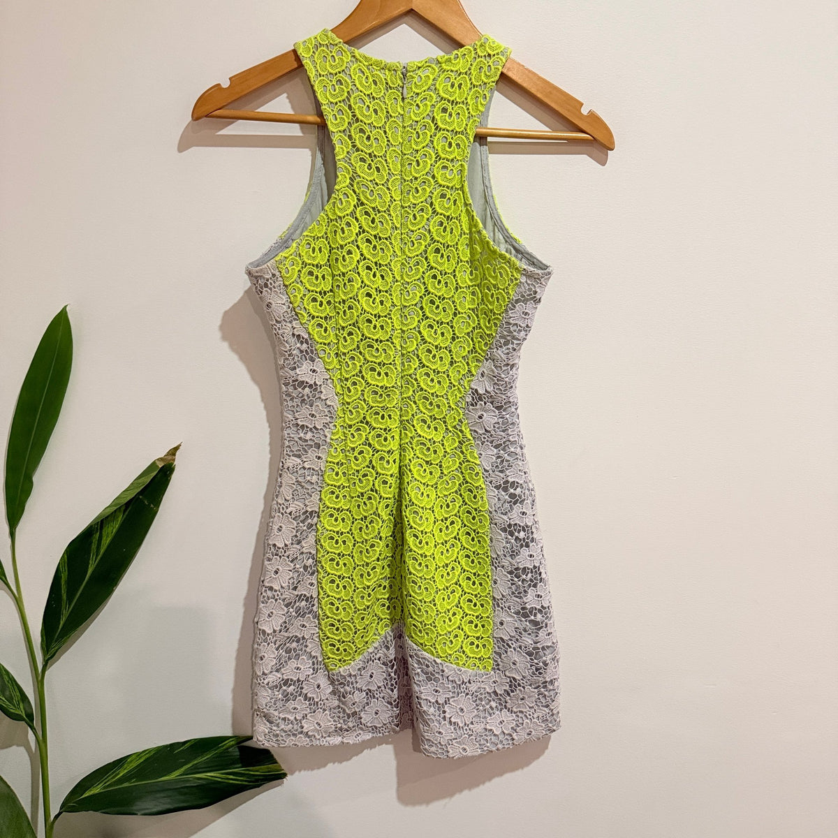 Shakuhachi Lime Green & Grey Lace Sleeveless Mini Dress | U/Arm to U/Arm 38cm