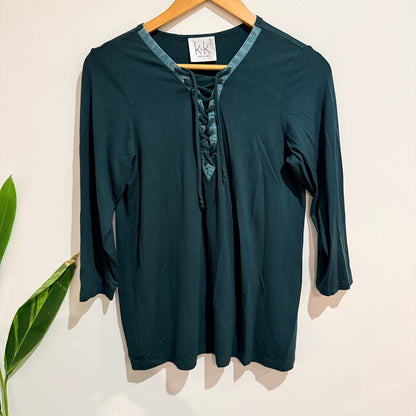 K+K Dark Green Lace Up Neckline 3/4 Sleeve Top Size S