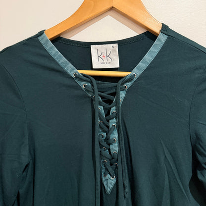 K+K Dark Green Lace Up Neckline 3/4 Sleeve Top Size S