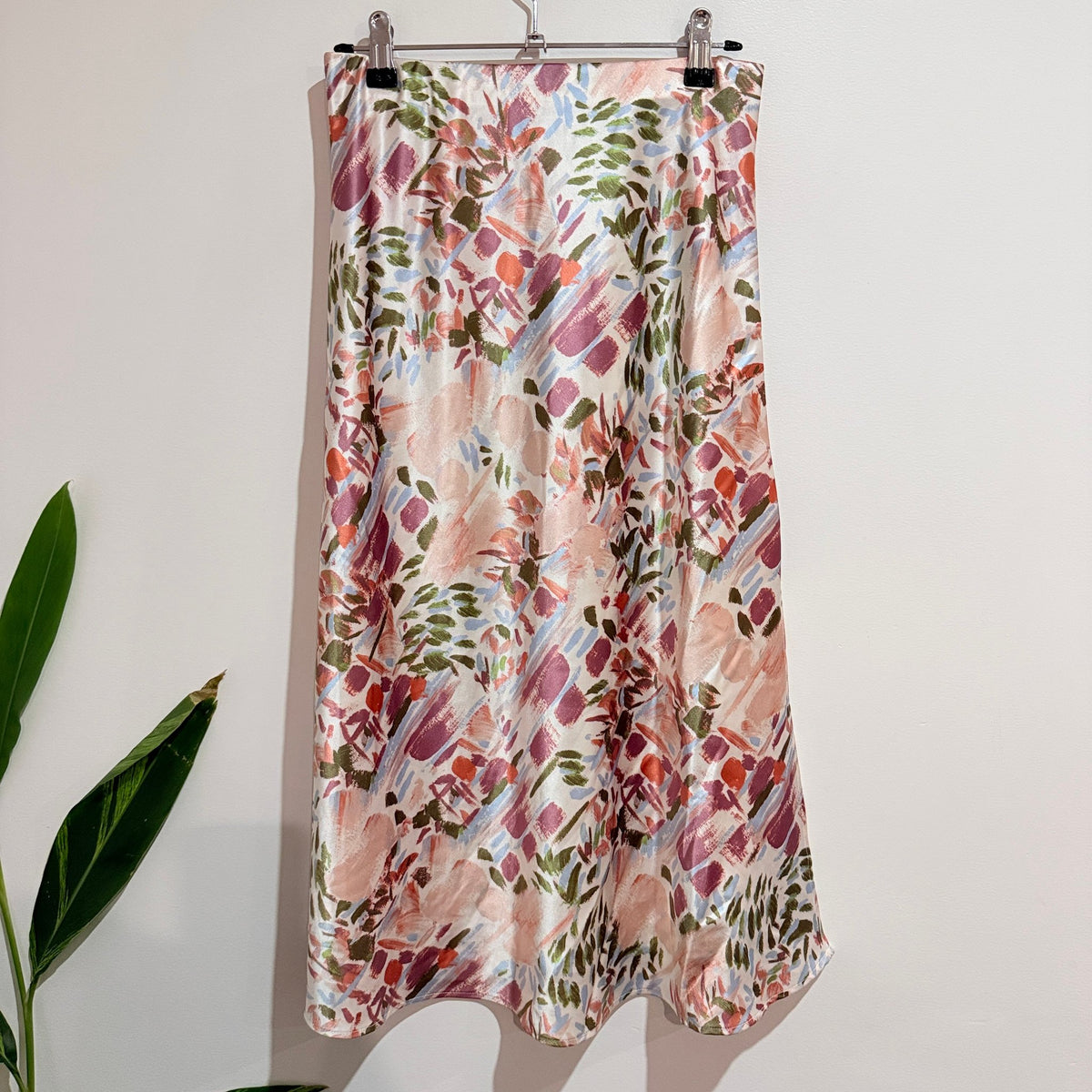 Pink Floral Print Satin Midi Skirt | Waist 68cm
