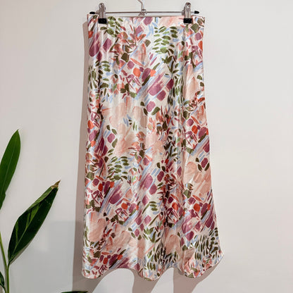 Pink Floral Print Satin Midi Skirt | Waist 68cm