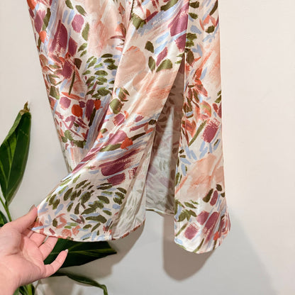 Pink Floral Print Satin Midi Skirt | Waist 68cm