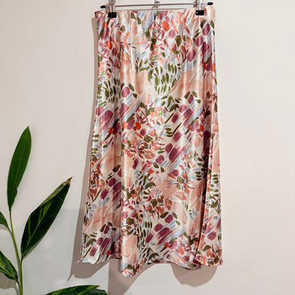 Pink Floral Print Satin Midi Skirt | Waist 68cm