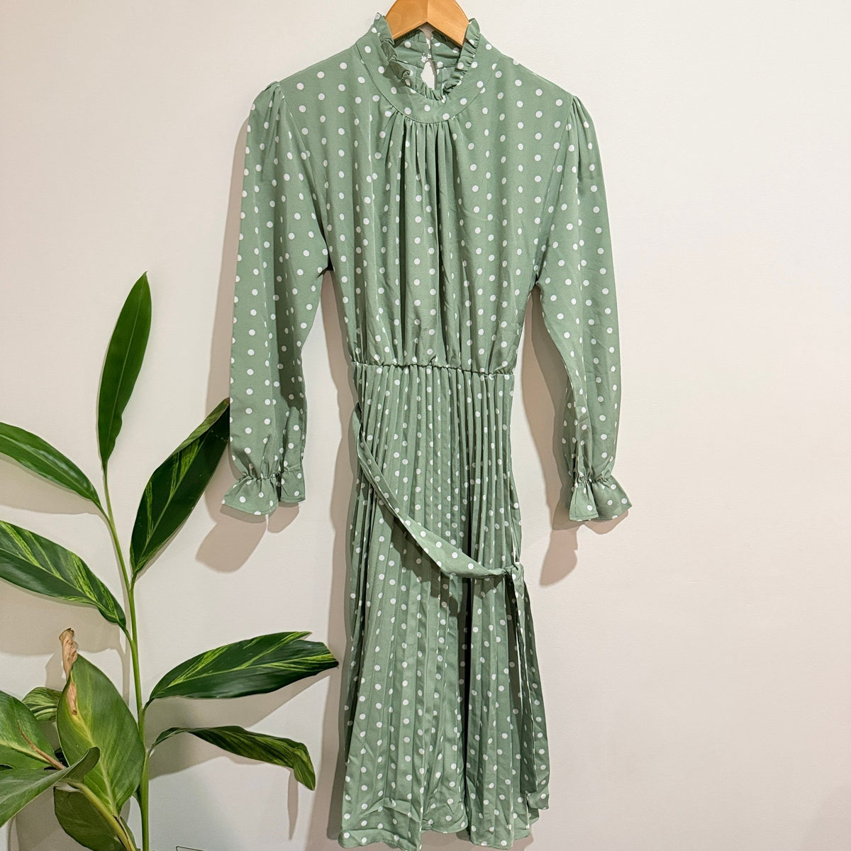 Sage Green Polka Dot Ruffle Neck Pleated Midi Dress - 44cm u/arm