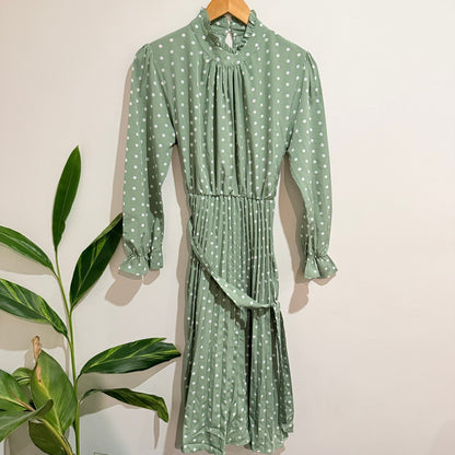 Sage Green Polka Dot Ruffle Neck Pleated Midi Dress - 44cm u/arm