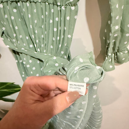 Sage Green Polka Dot Ruffle Neck Pleated Midi Dress - 44cm u/arm