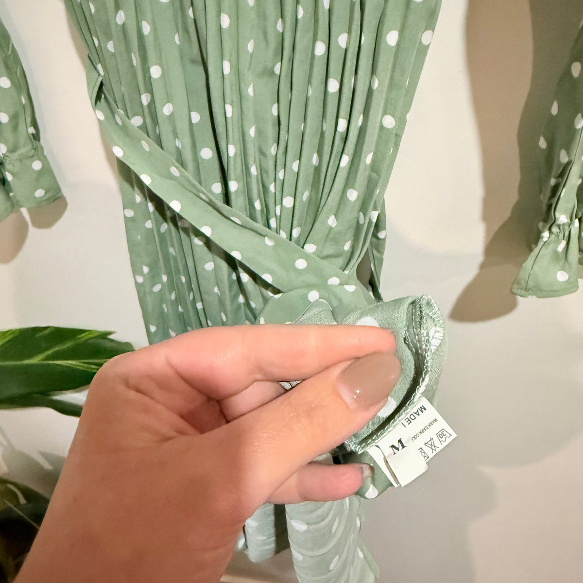 Sage Green Polka Dot Ruffle Neck Pleated Midi Dress - 44cm u/arm