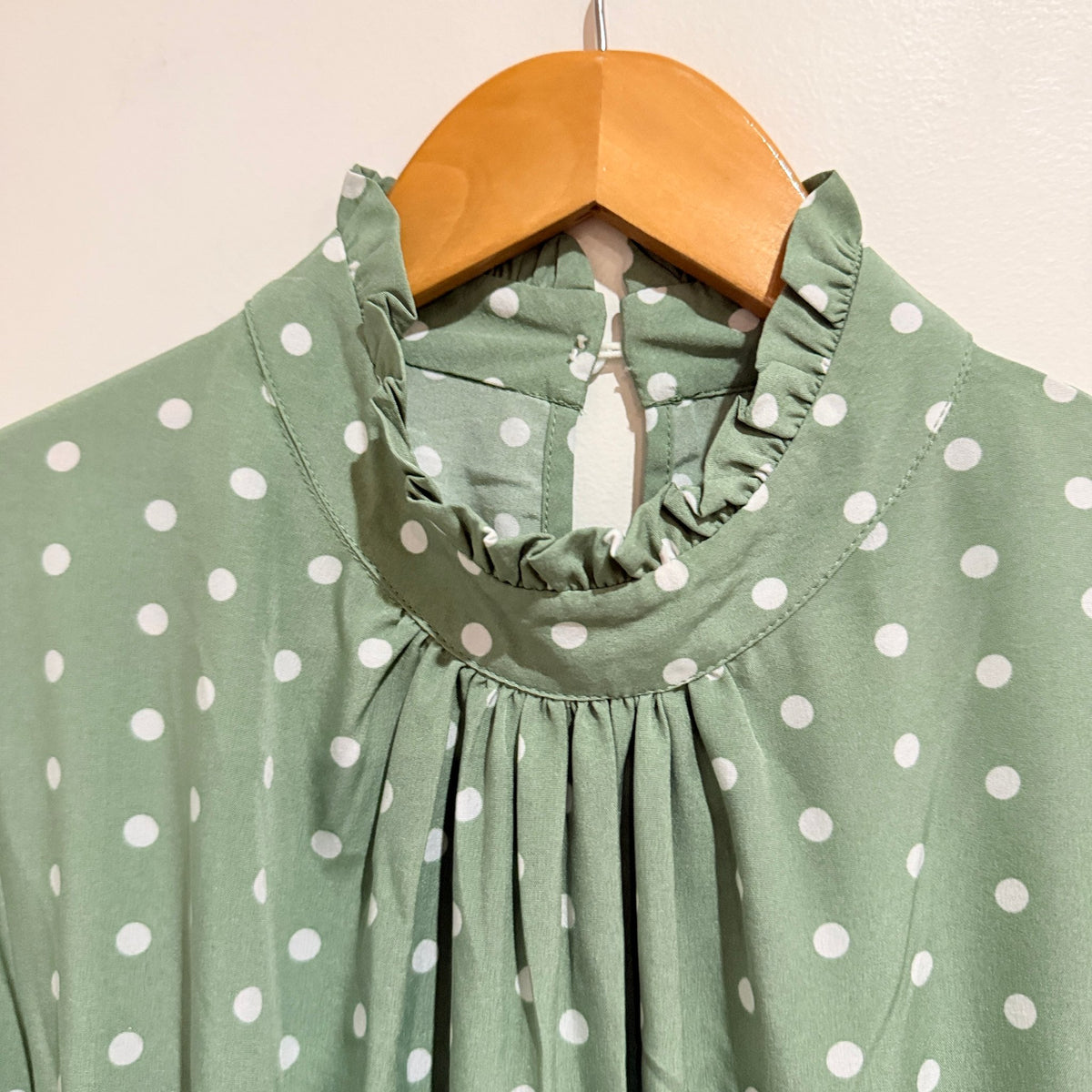 Sage Green Polka Dot Ruffle Neck Pleated Midi Dress - 44cm u/arm