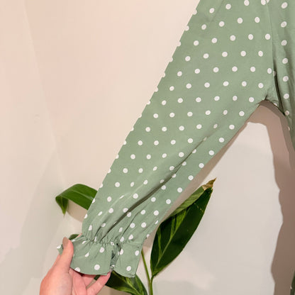 Sage Green Polka Dot Ruffle Neck Pleated Midi Dress - 44cm u/arm