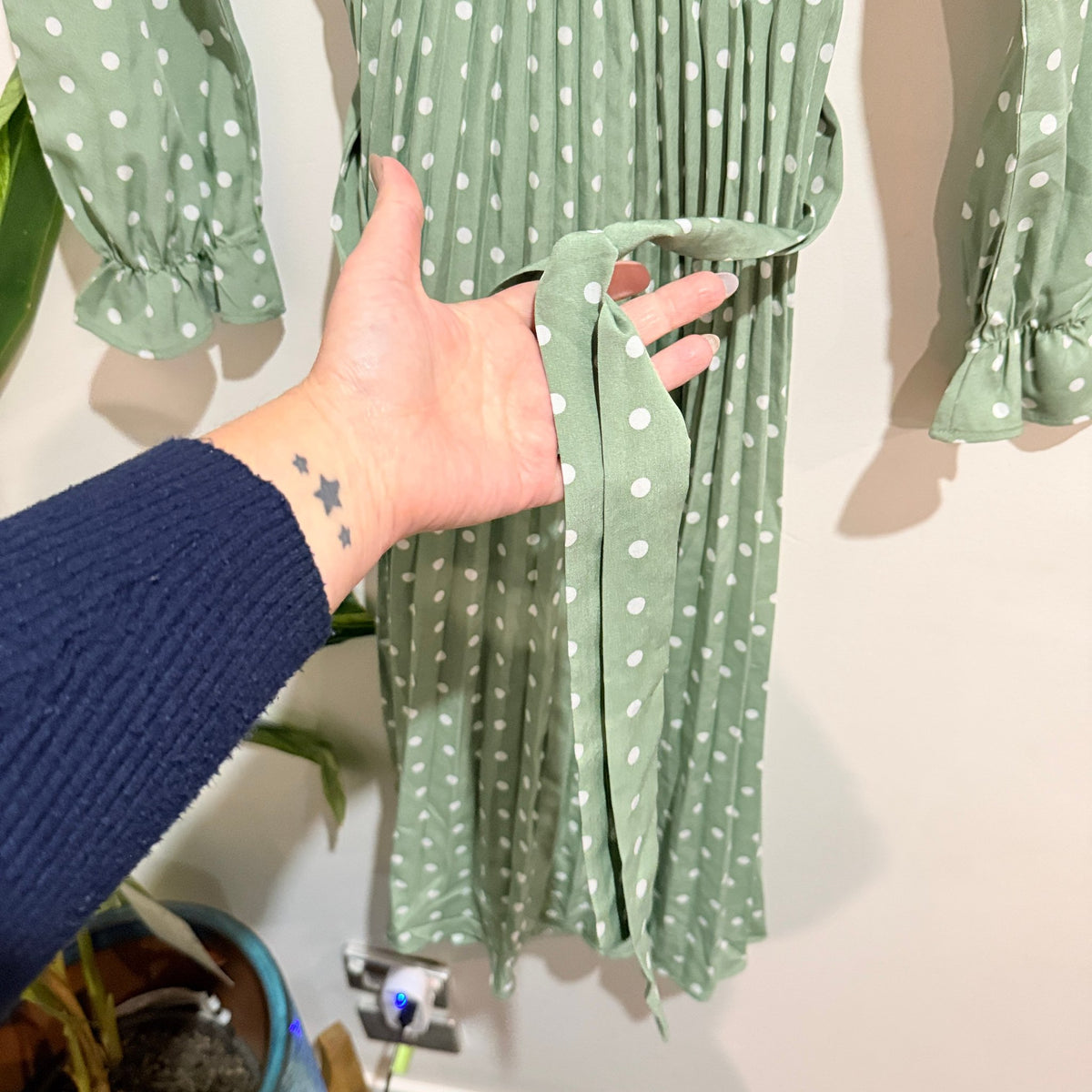 Sage Green Polka Dot Ruffle Neck Pleated Midi Dress - 44cm u/arm