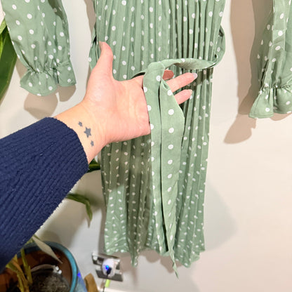 Sage Green Polka Dot Ruffle Neck Pleated Midi Dress - 44cm u/arm