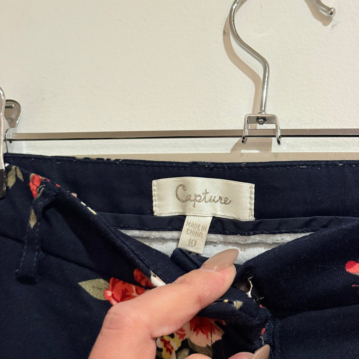 Capture Navy Floral Print Cotton Stretch Pants Size 10